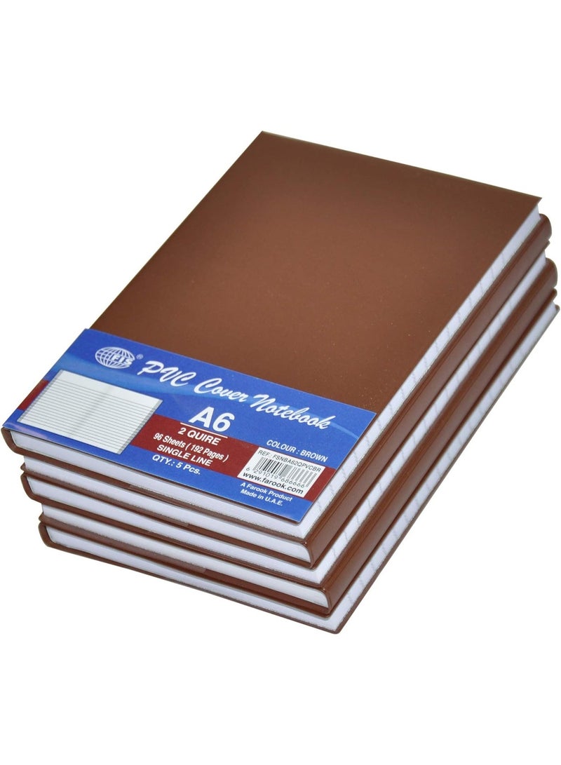 FIS PVC Cover Notebook, 96 Sheets, 192 Pages, A6 Size, Single Line, Brown - FSNBA62QPVCBR, 5-Pieces - Image 1